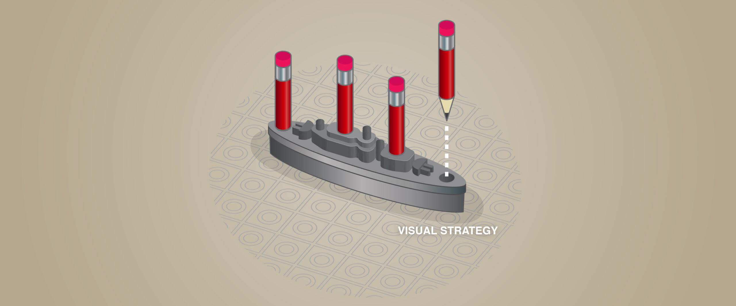 Banner showing a Battleship game piece with pencils in place rather than pegs into the Battleship. Saying Visual Strategy