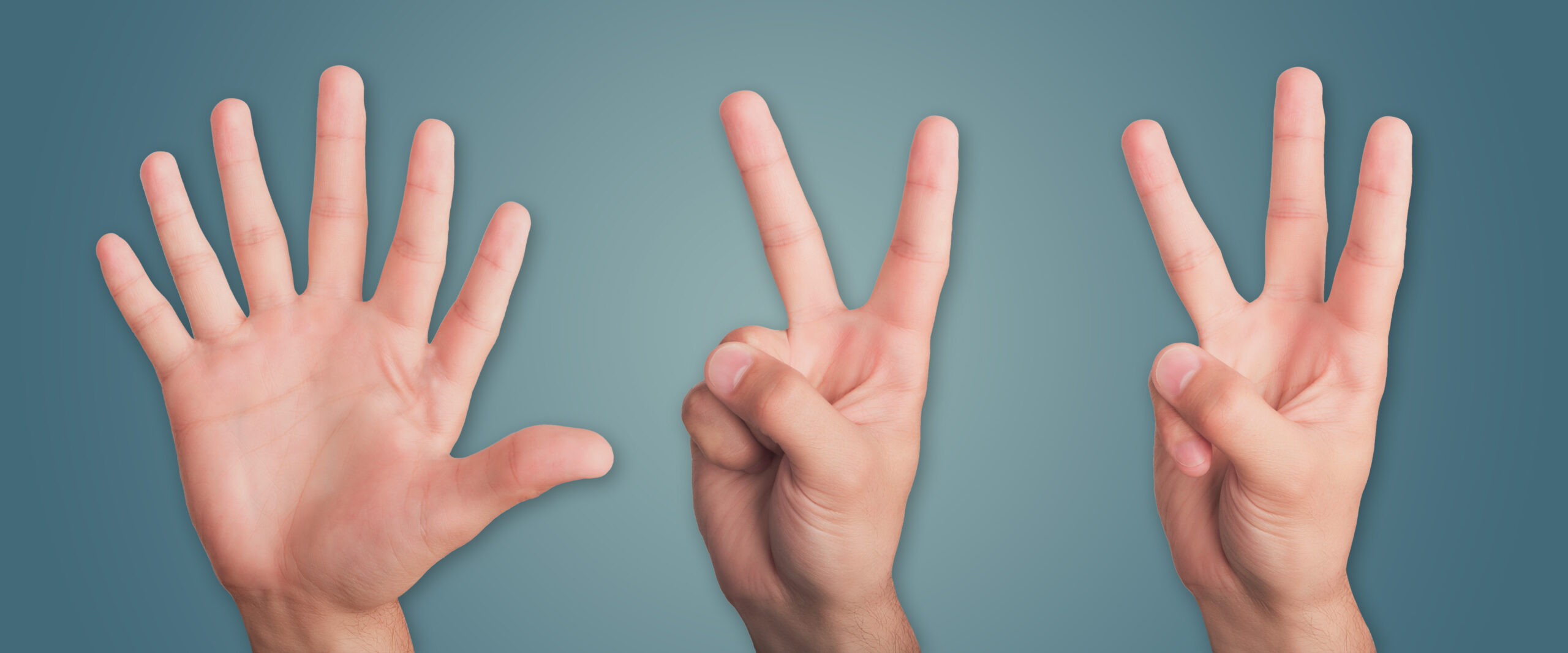 Banner showing 3 hands: one with 7 fingers, one with 2 fingers, and one with 3 fingers