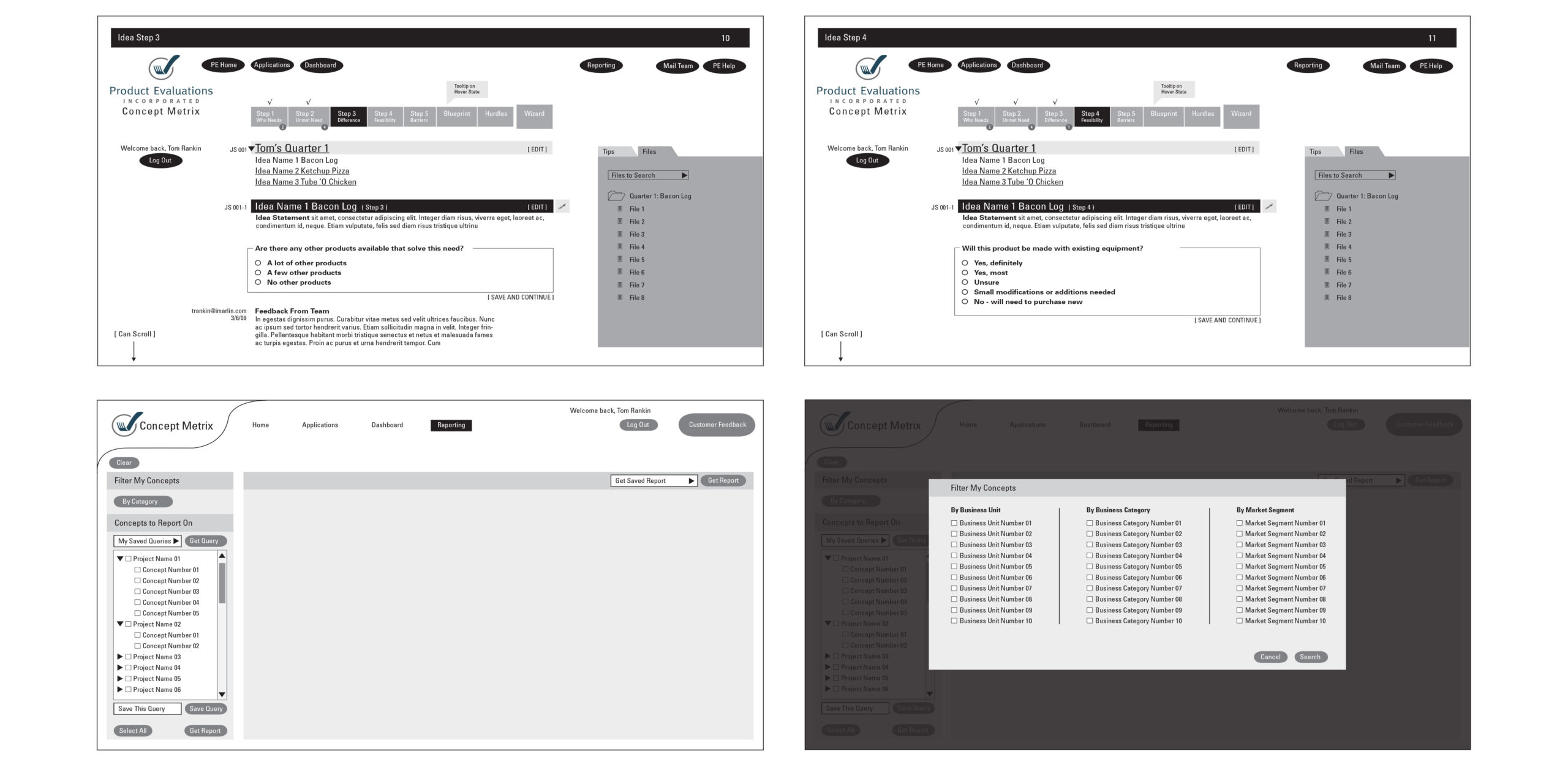 Concept Matrix application wireframes