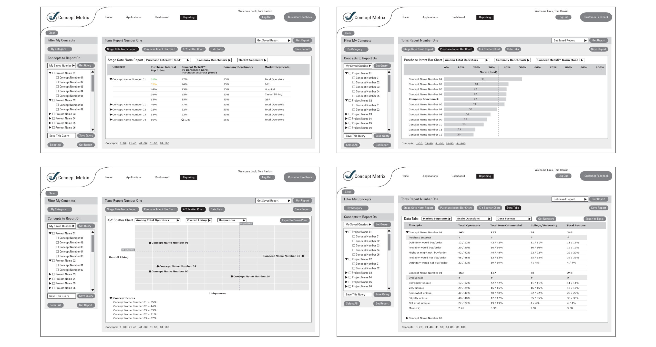 Concept Matrix application wireframes